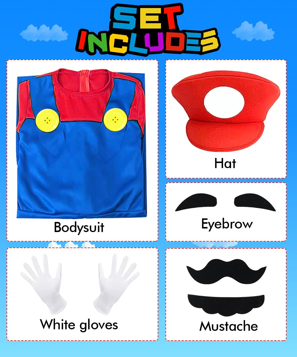 YYDSXK Super Bros Costume Bambino Adulto, Costumi Carnevale, Costumi Cosplay Classico Super Bros per Ragazzo con Cappello, Guanti per Bambino Compleanno Natale Halloween Carnevale Cosplay Vestito