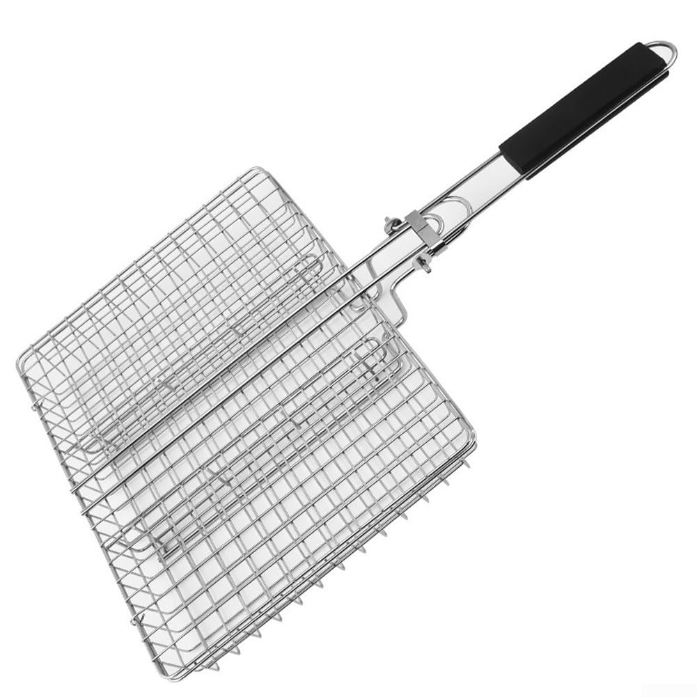 Stainless Steel Large Square BBQ Grill Basket, Rust-proof Wear-resistant Folding Portable Barbecue Net For Grilling Steak Salmon