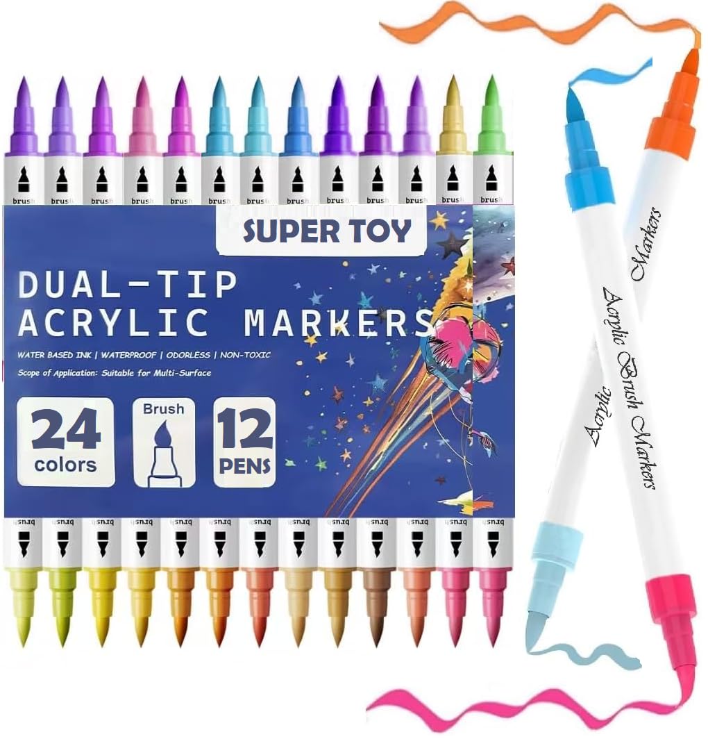 SUPER TOY 24 Color Shades Dual Tip Acrylic Brush Marker Pen Set for Kids Adult Coloring Drawing Planner Art Craft Supplies (12 Pen = 24 Shades) Creative Gift Ideas-image-42