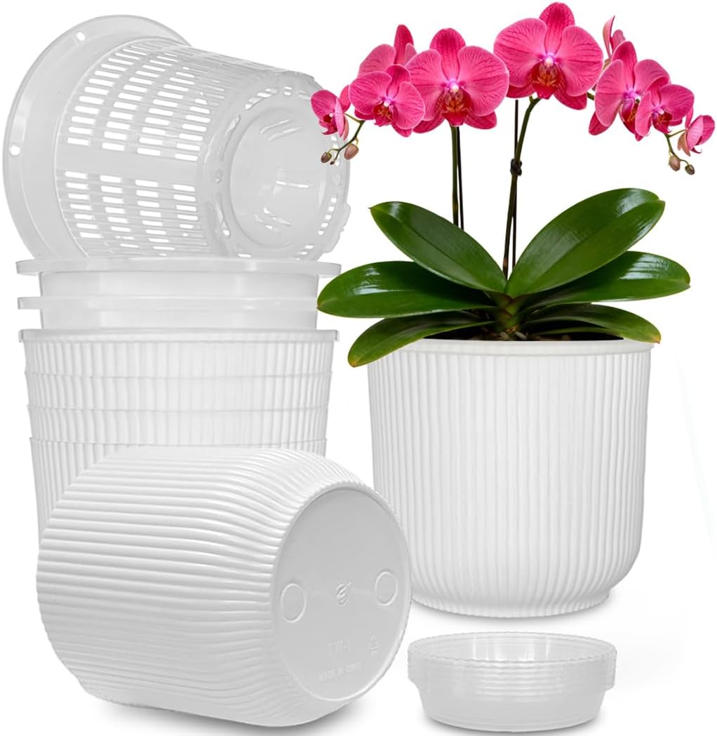 MUZHI Double Layer Orchid Pots Set of 6 for Repotting 5.4” , Inner Clear Mesh Slotted Orchid Planters with Drain Tray , Matched Decorative Plastic Orchid Container For Indoor Outdoor Growing White