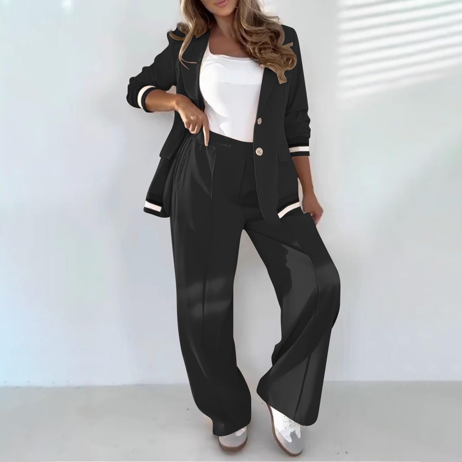 Generico Completo Tailleur Donna Tinta Unita Morbido Giacca e Pantaloni Tuta Elegante Comodo Curvy Set Invernale Manica Lunga con Tasche Tute Due Pezzi Casual Ufficio e Cerimonia Matrimonio