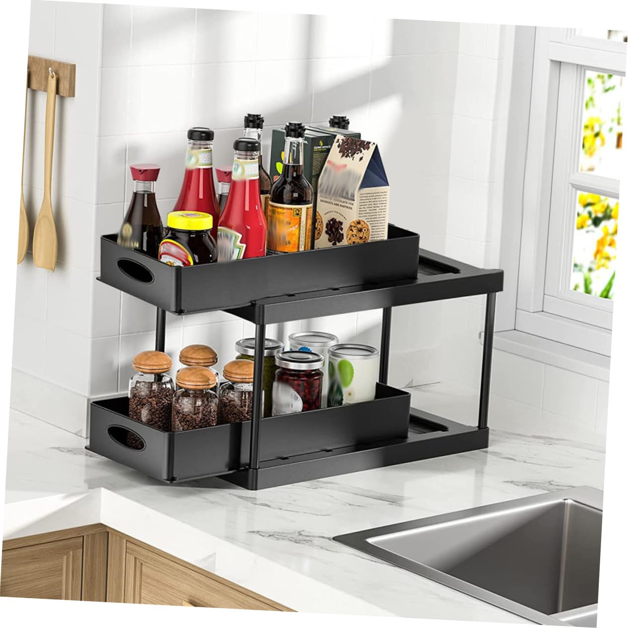 LABRIMP Organizador Productos de Limpieza Extraíble para Debajo del Fregadero, 2 Niveles, Abs Negro, Diseño Deslizante, Adecuado para Baño y Cocina
