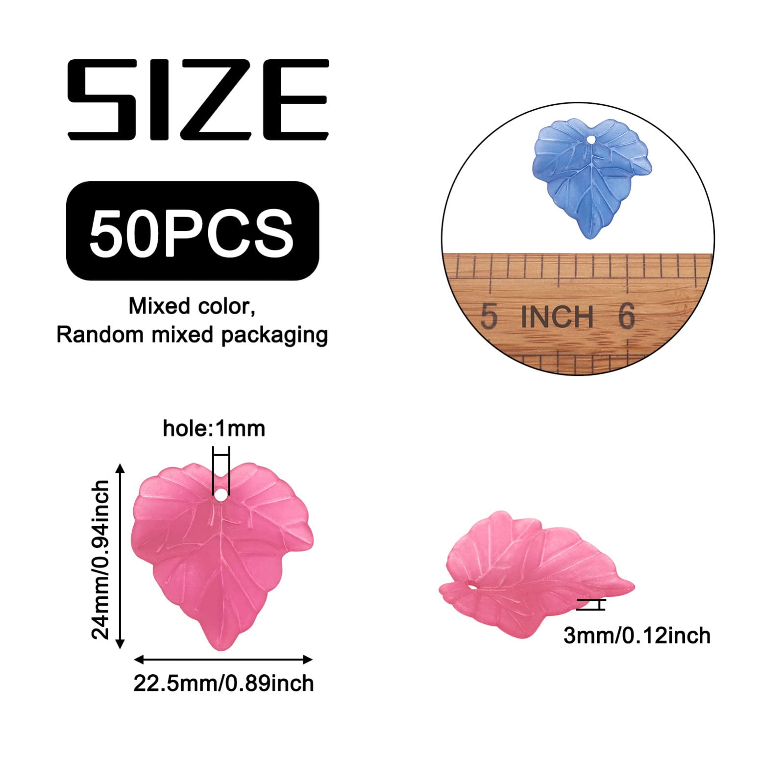 Craftdady 50pcs Transparent Frosted Acrylic Leaf Pendants Plastic Bead Charm with Vein 24x22.5mm for DIY Jewellery Making Crafting Colorful - Image 3