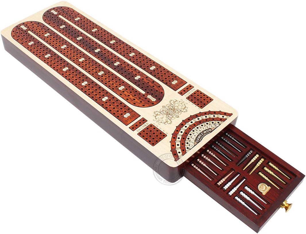 House of Cribbage - 4 Track Continuous Cribbage Board Inlaid in Bloodwood - Size: 13.5 Inches - Storage Drawer for Cribbage Pegs and Score Marking Fields for Skunks, Corners and Won Games