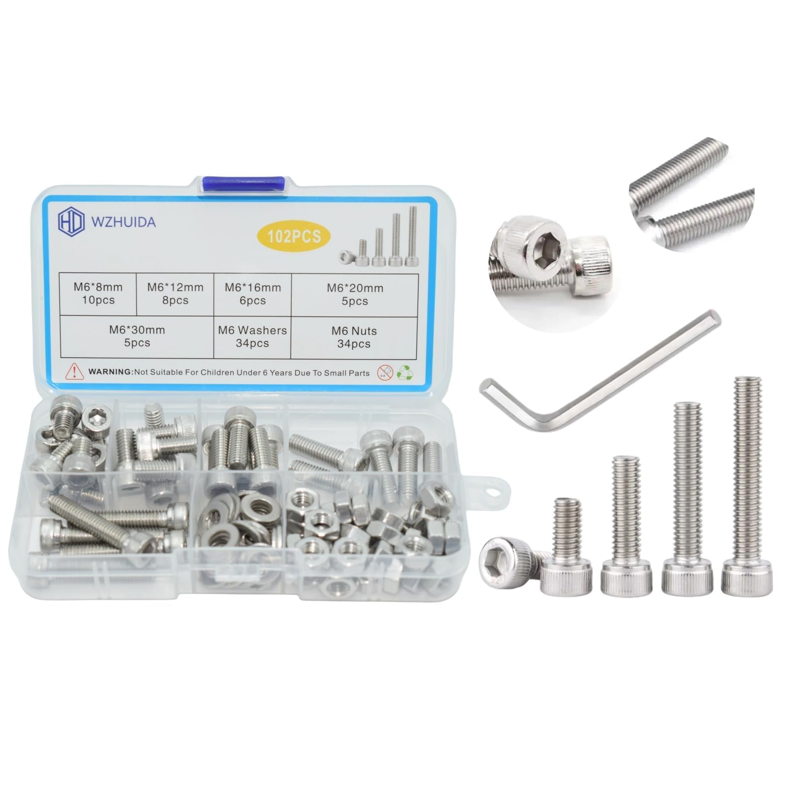 WZHUIDA 102 Stück M6 Schrauben Set, Zylinderschrauben mit Muttern und Unterlegscheiben Sortiment Kit, Edelstahl Innensechskant Schrauben Set, Sechskopfschrauben Muttern mit Schraubenschlüssel