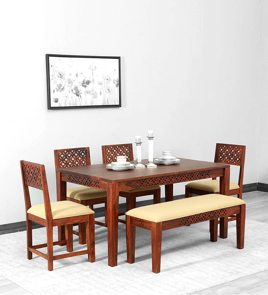 Buy UNTA Solid Sheesham Wood 6 Seater Dining Table Set with Bench ...