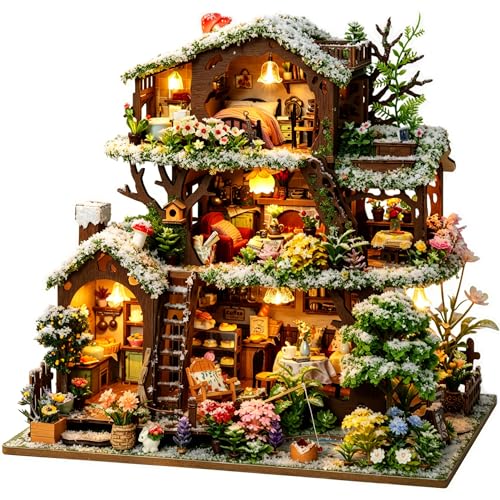 RHZN DIY Miniature House Kit for Adults Mini House Snow Tree House