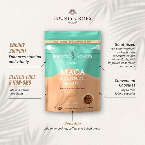 Miniatura 6 de Bounty Crops Paquete de raíz de maca orgánica, polvo gelatinizado (24 onzas) + cápsulas (200 unidades)  Apoyo energético, sin gluten, a base de
