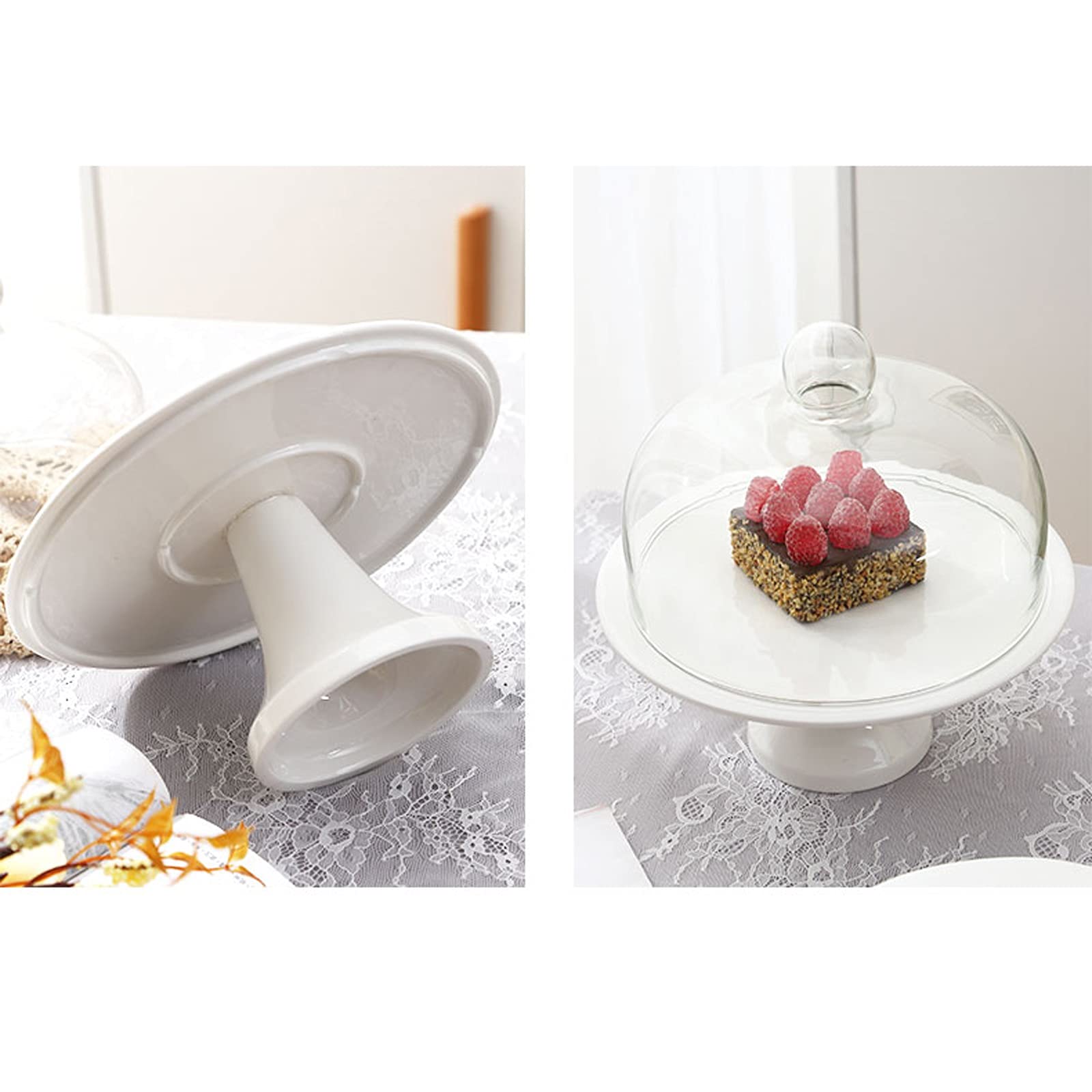 Bandejas para Tartas Soporte de pastel de cerámica con cubierta de vidrio blanco Tarta Talla Table Tabla Multiuso Tarde Tela Torta Pantalla Soporte Soporte Boda Pastelería Bandeja Soporte para Cupcake