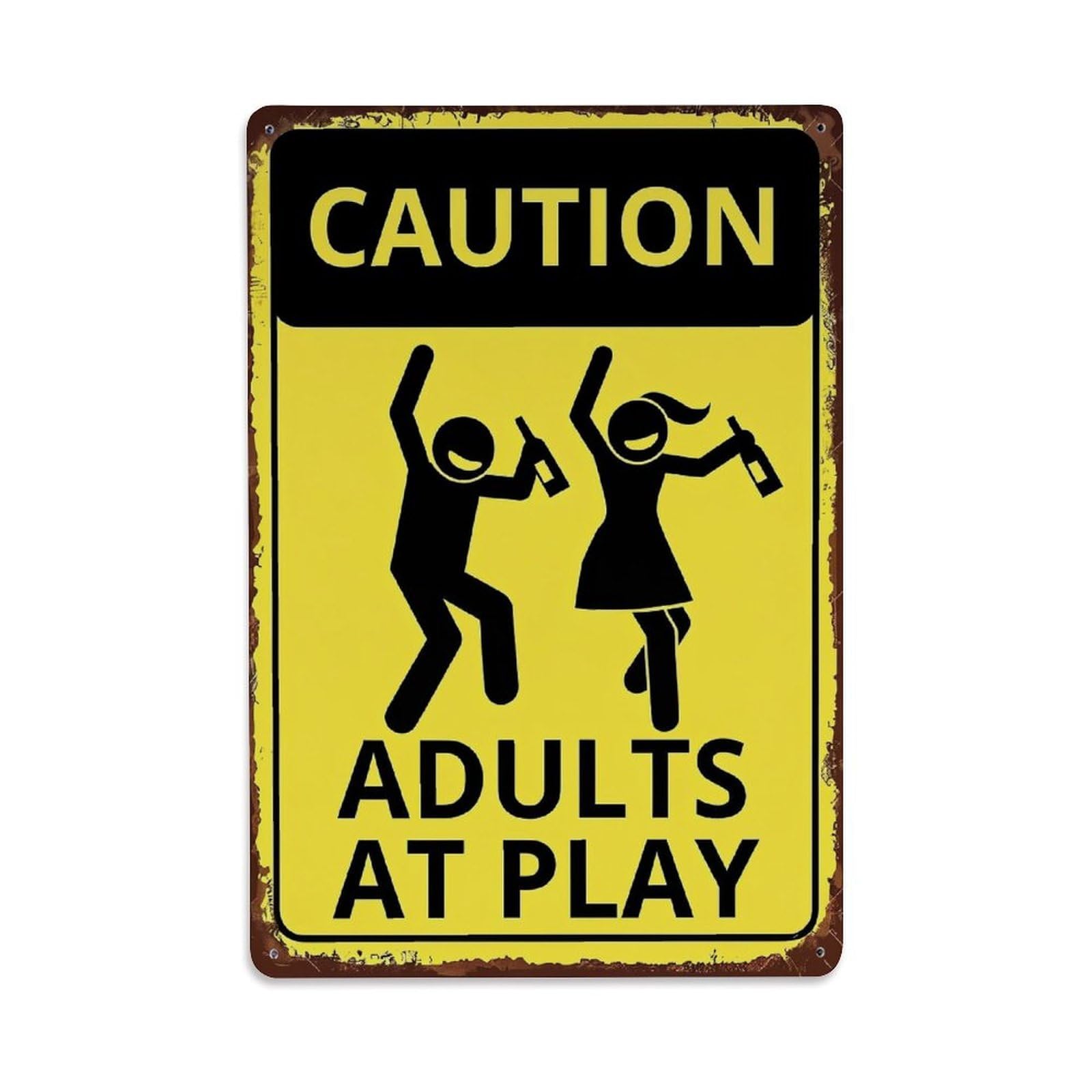 Caution Adults At Play Sign_1 Retro Metal Tin Sign, Vintage Metal Poster for home, Gaming Room, Studio Workshop,Bar,Garage Wall Art Decor 8x12 Inch