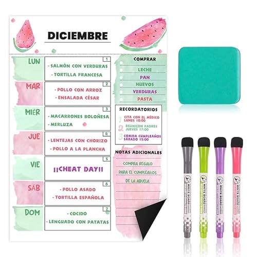 Planificador Semanal Magnético A4 - Menú Semanal para Nevera con Diseño Elegante, Ideal para Comidas, Lista de Compra y Notas, Incluye 4 Rotuladores Imantados, Pizarra Cocina Moderna y Práctica ®