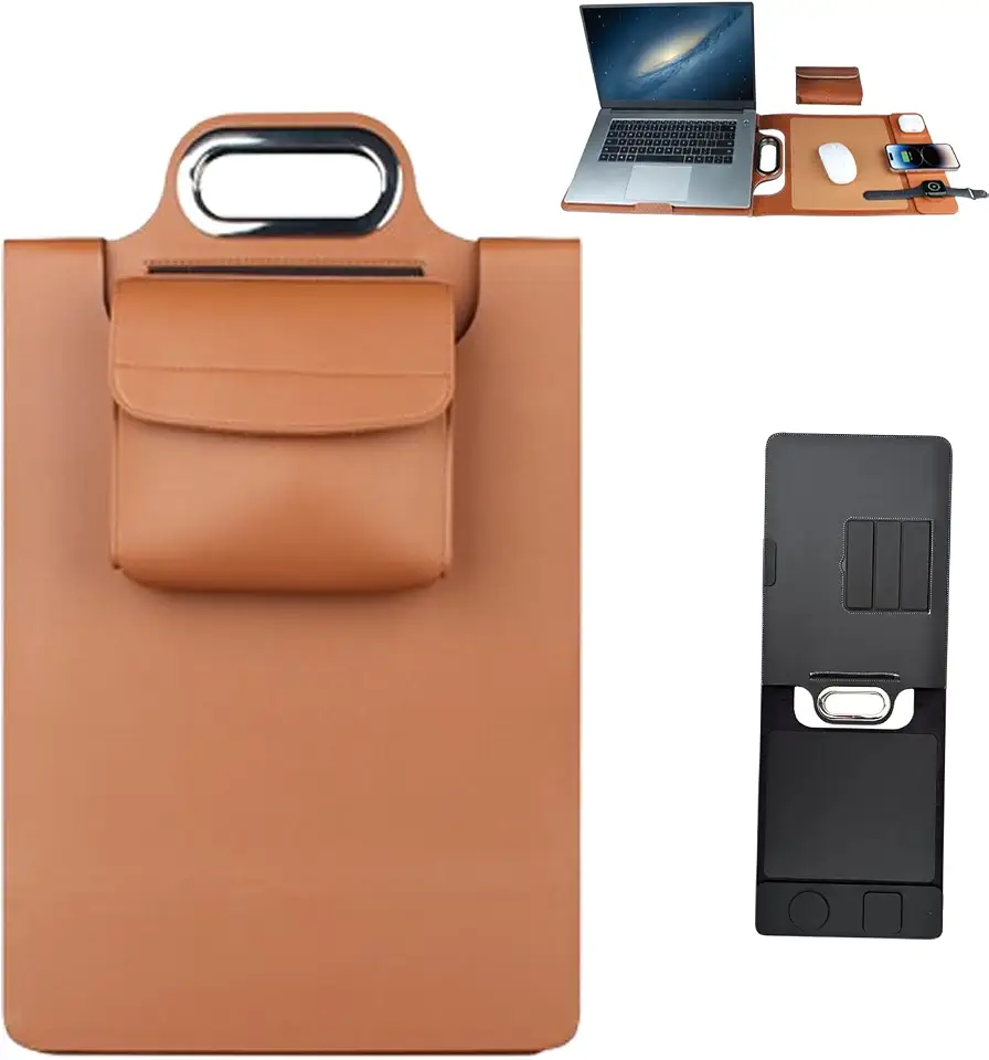 New Premium Wireless Charging Laptop Bag, All-in-One Mobile Workstation Sleeve with Adjustable Stand, Detachable Pouch, Water-Resistant PU Leather Travel Case for 15.6 Inch Laptop (Yellow,3-in-1)