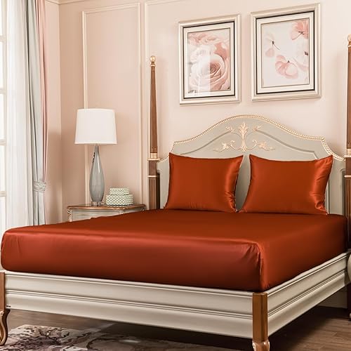 PROMEED Juego de sábanas bajeras de 3 piezas 100% seda 23 Momme con sábana bajera y 2 fundas de almohada, bolsillo profundo de 16 pulgadas, juego de