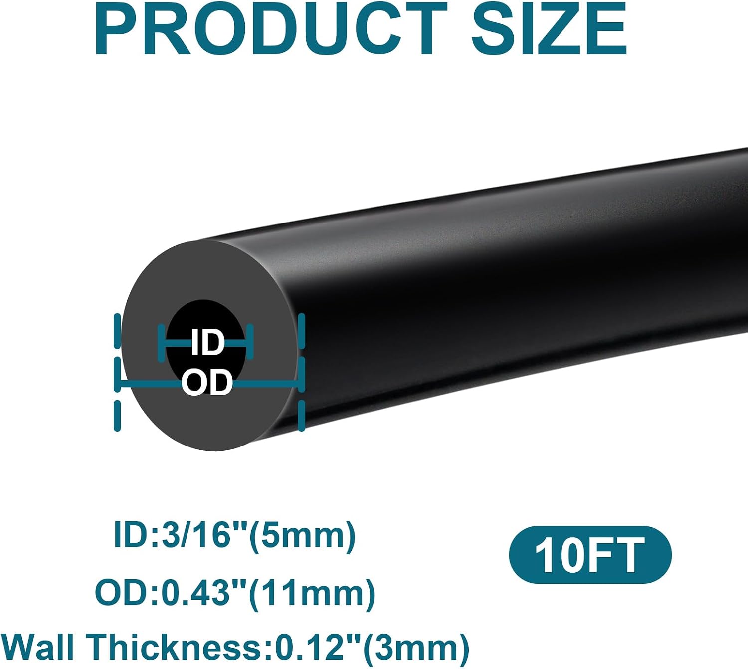 Vacuum Hose - 10FT Automotive Silicone Vacuum Line, 3/16" ID, 130PSI Max Pressure, Black