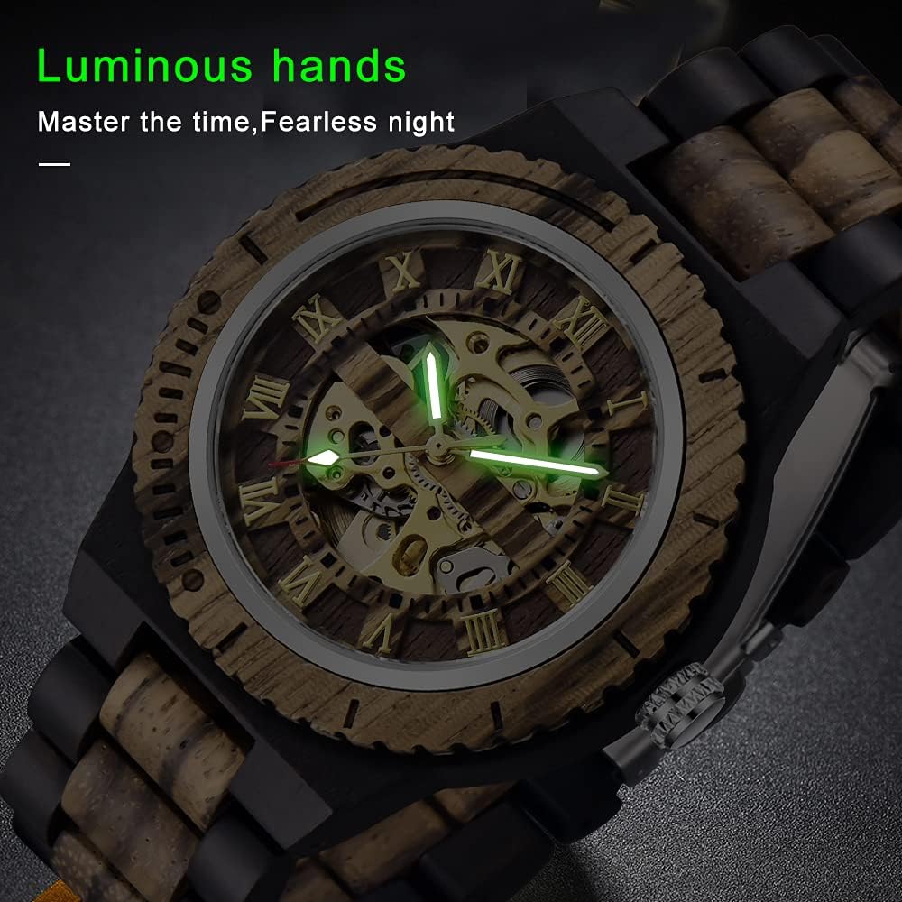 Tiong Herren Holz Mechanische Uhren Skelett Römische Ziffern Automatikaufzug Holzuhr Leichtgewicht für Männer Armbanduhr