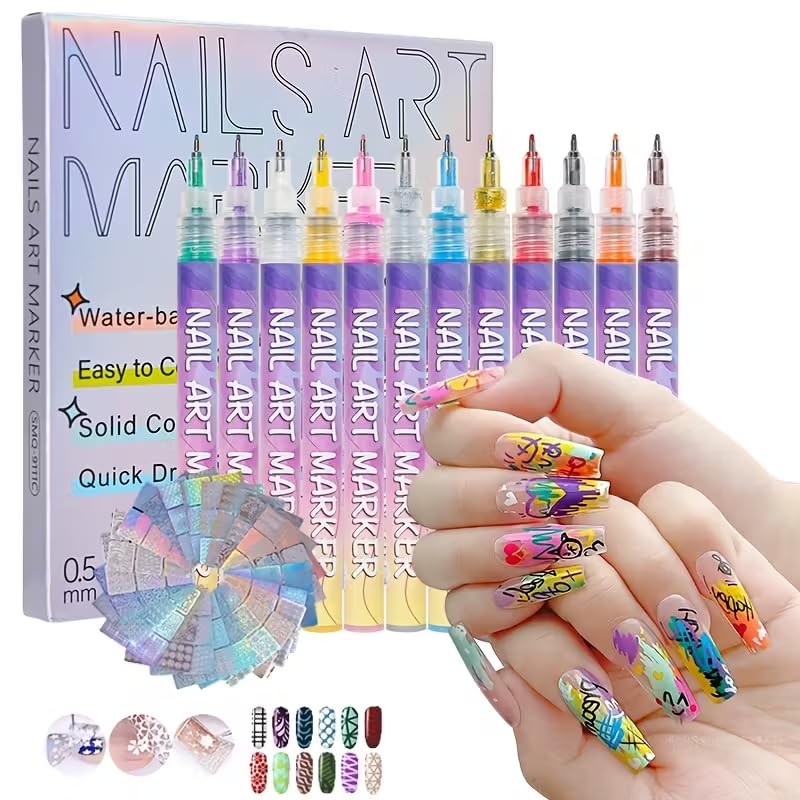 Nail Art Pens, New 12 Colors Quick-drying Waterproof Nail Art Markers for 3D Nail Art, Fine Tip 0.5mm Nail Polish Pens for DIY Nail Design, Portable Salon Tools for Home Manicure and Kids Gifts