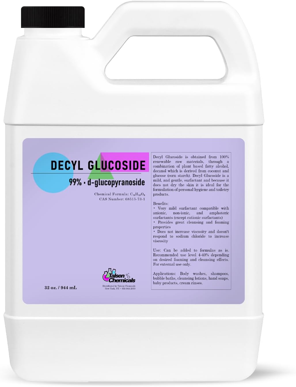 Decyl Glucoside Organic 946 mL / 32 Oz Mild Non-Ionic Surfactant - Plant Based Gentle Cleansing & Foaming Agent for DIY Cosmetics Skincare & Haircare, Versatile Emulsifying Agent