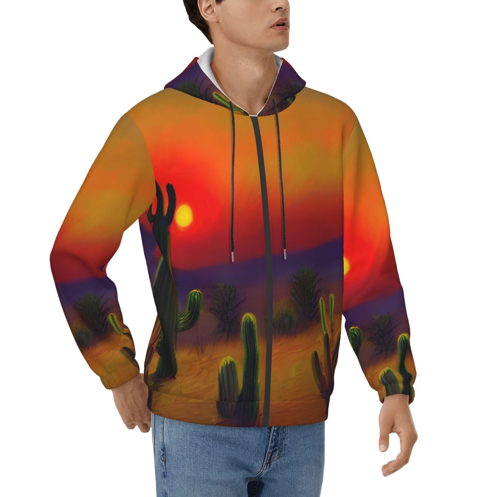 Sweat à capuche homme imprimé cactus désert pull doux d'automne - 8