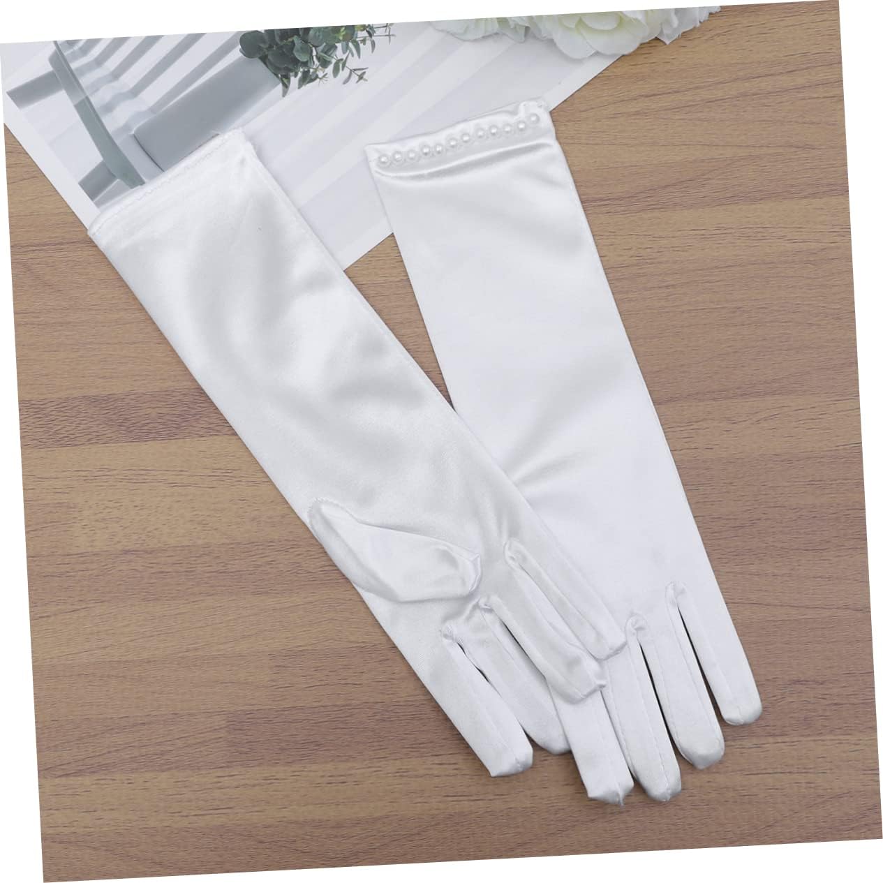 VALICLUD Wedding Flower Girl Gloves Elegant Long Satin Dress Gloves with Pearl Decor for Special Occasions White