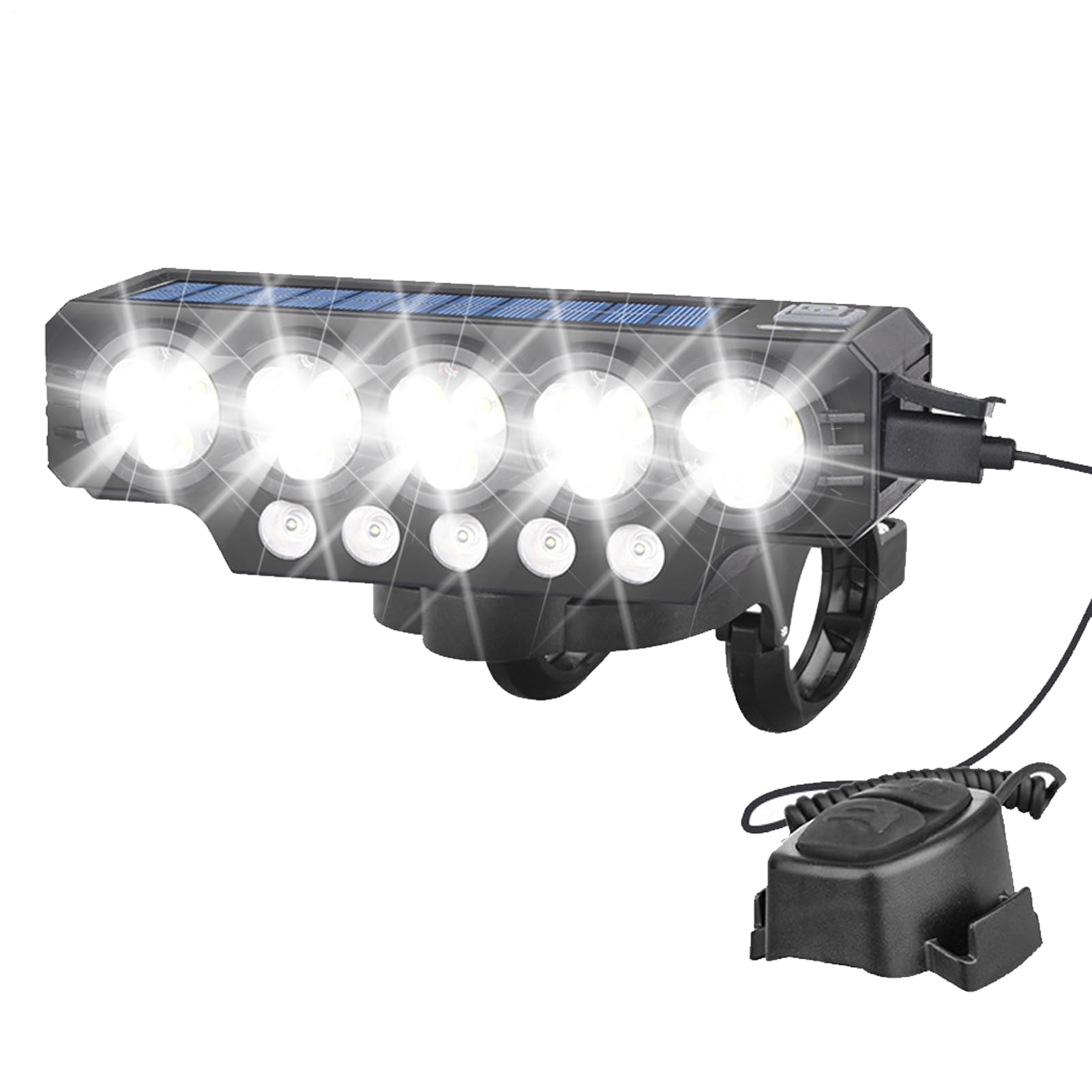 Faro per bicicletta ricaricabile – Luci solari anteriori per bici per guida notturna, torcia super luminosa con clacson, ricaricabile tramite USB, per mountain bike, scooter, ciclismo, guida notturna