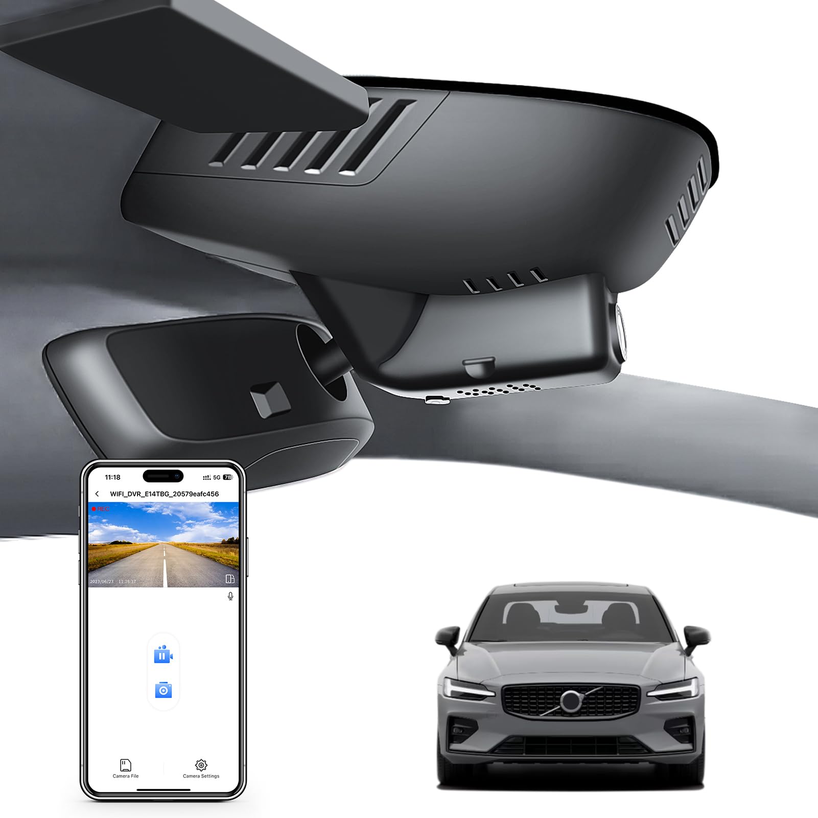 MANGOAL 4K UHD 2160P Kamera samochodowa, Wygląd OEM Dash Cam, Dotyczy do Volvo S60 V60 Cross Country 2023 2024 2025 2026 B5 B6 T5 T8 (Model B), Nagrywanie w pętli, Czujnik G, WiFi & App, Karta 64 GB