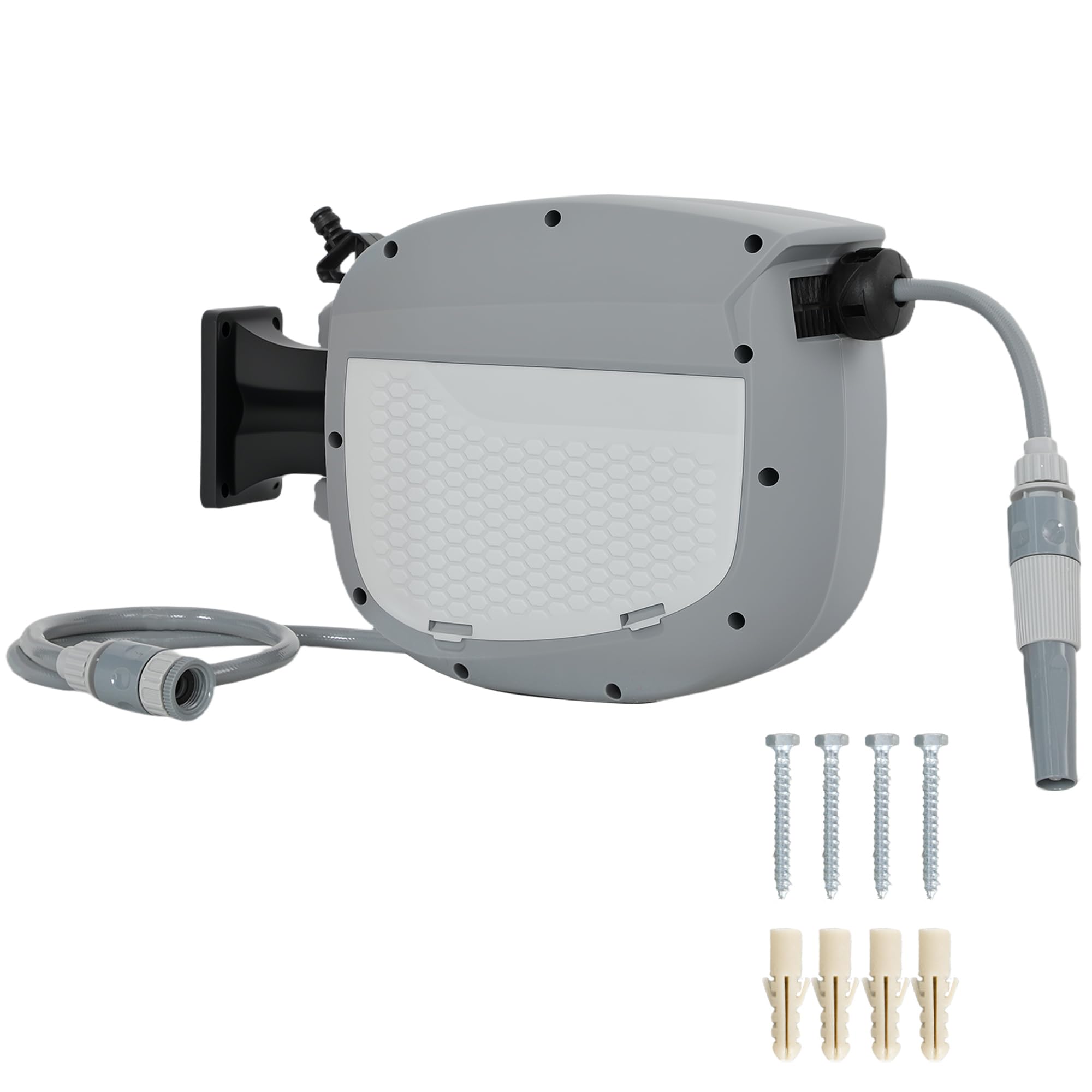 Outsunny Enrollador de Manguera para Jardín 10+1 m con Boquilla de 2 Modos, Carrete de Manguera de Jardín de Pared con Bloqueo Automático y Retracción Controlada, Soporte Orientable 180°, Gris