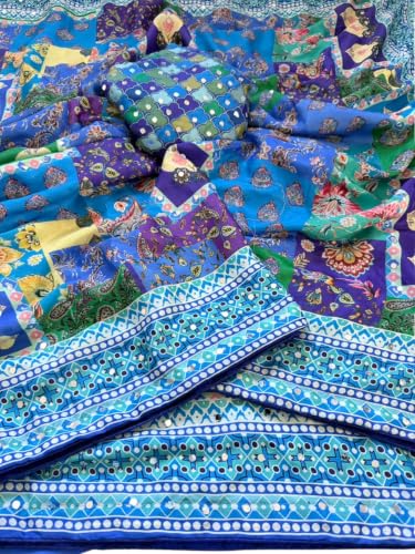 Image of Soft Pure Marshmellow Shiny Chinnon Silk Fabric Along With Designer Ajarakh Print Along With Real Mirror Work Along With Fancy Printed Blouse With Piping And Heavy Latkans