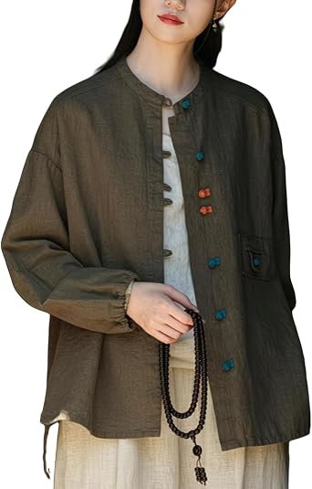 Womens Vintage Linen Blouses Chinese Casual Long Sleeve Jackets Traditional Frog Button Stand Collar Tops Shirts