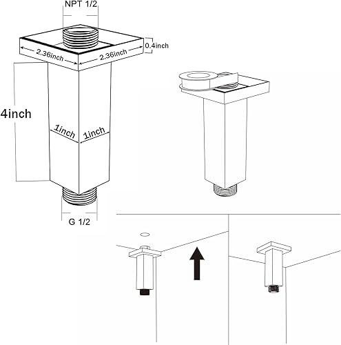 Miniatura 5 de Brazo de ducha negro mate con brida, cuadrado, tubo de extensión montado en el techo de acero inoxidable para cabezal de ducha de lluvia, 4 pulgadas