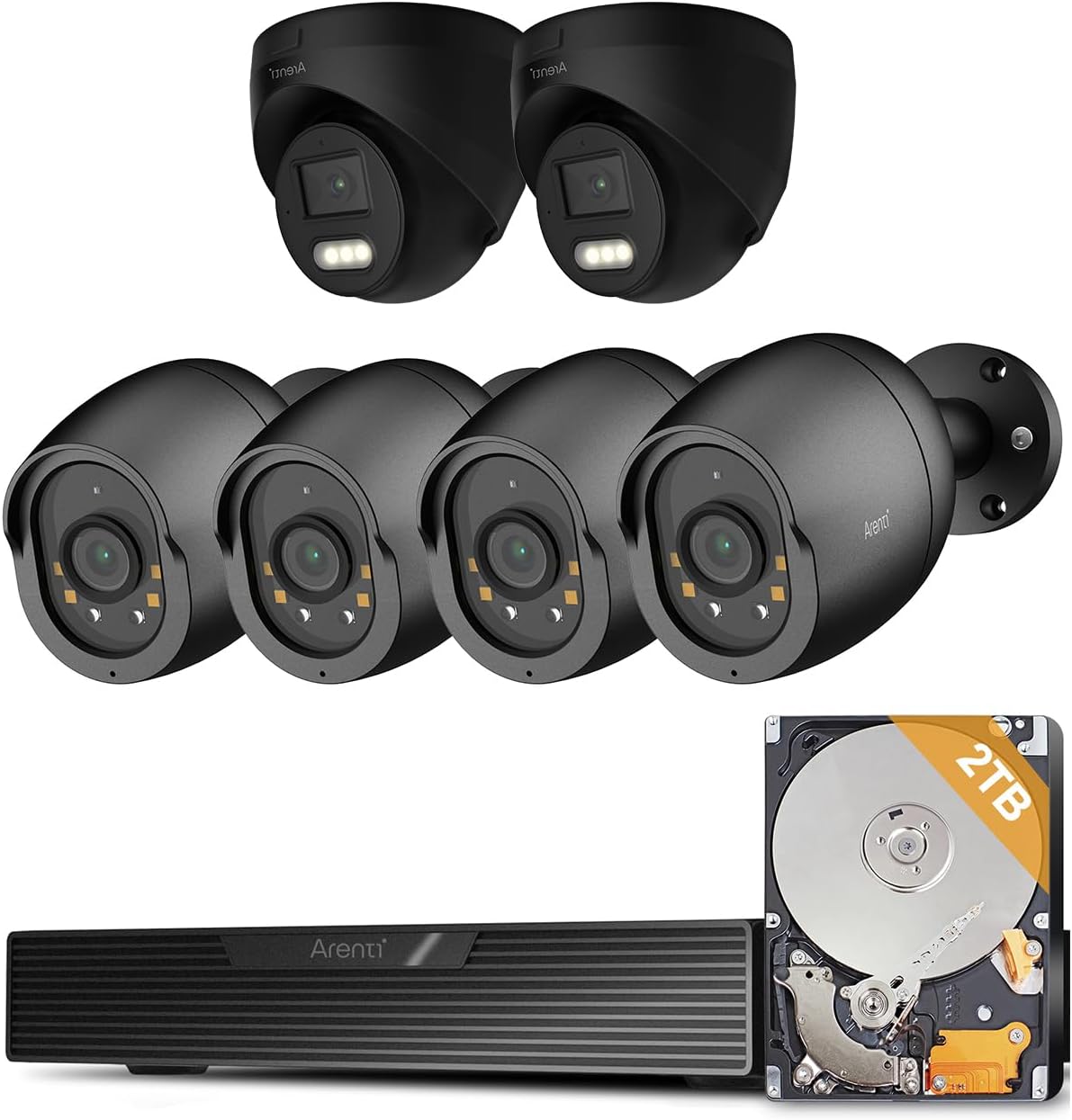 Arenti 5MP PoE Security Camera System Bundle with 6 Cameras – AI Person/Vehicle/Pet/Motion Detection, Full-Color Night Vision, 8CH NVR with 2TB HDD, 24/7 Recording, Two-Way Talk, Plug & Play (Black)