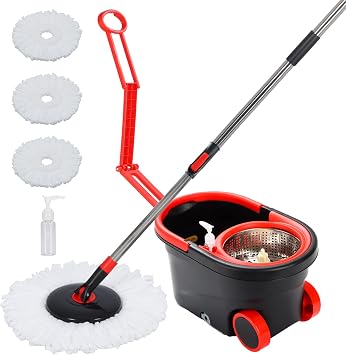 Spin Mop and Bucket, Mop Set with Bucket On Wheels with 3 Microfiber Mop Refills, Stainless Steel 61" Extended Handle Mop and Bucket with Wringer Set for Floor Cleaning
