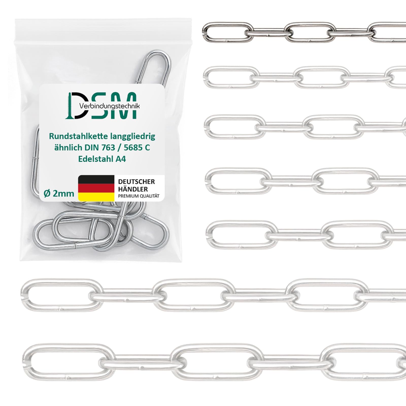 DSM – Chaîne acier 2 mm Ø long maillon, type similaire DIN 763/5685C – Acier inox A4 – inoxydable – Pour Jardin, bateau, atelier & déco – Charge rupture 120 kg – 50 m