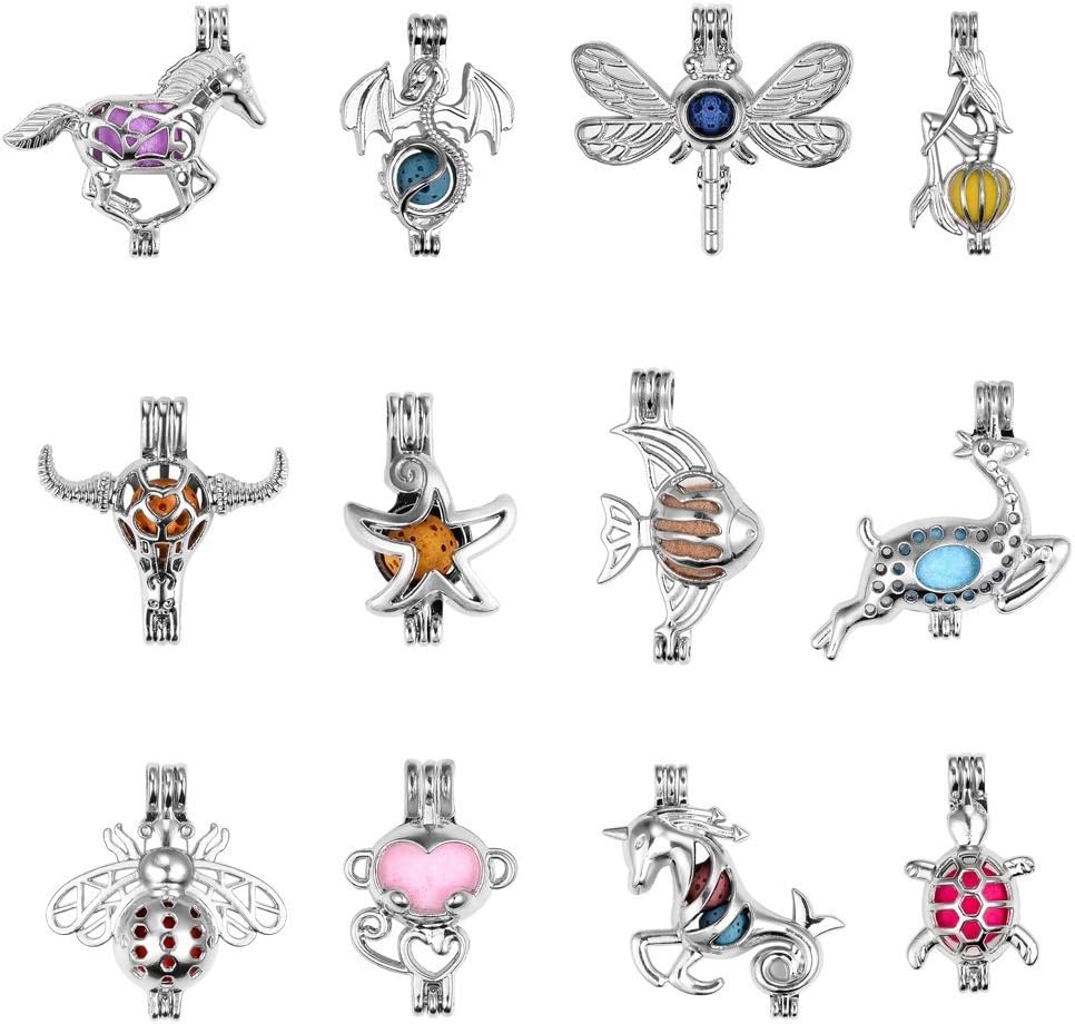 12Pcs Pearl Bead Cage Pendants - Rhodium Plated Hollow Aromatherapy Essential Oil Diffuser Locket Pendant for Jewelry Making with Multi-Color Lava Beads