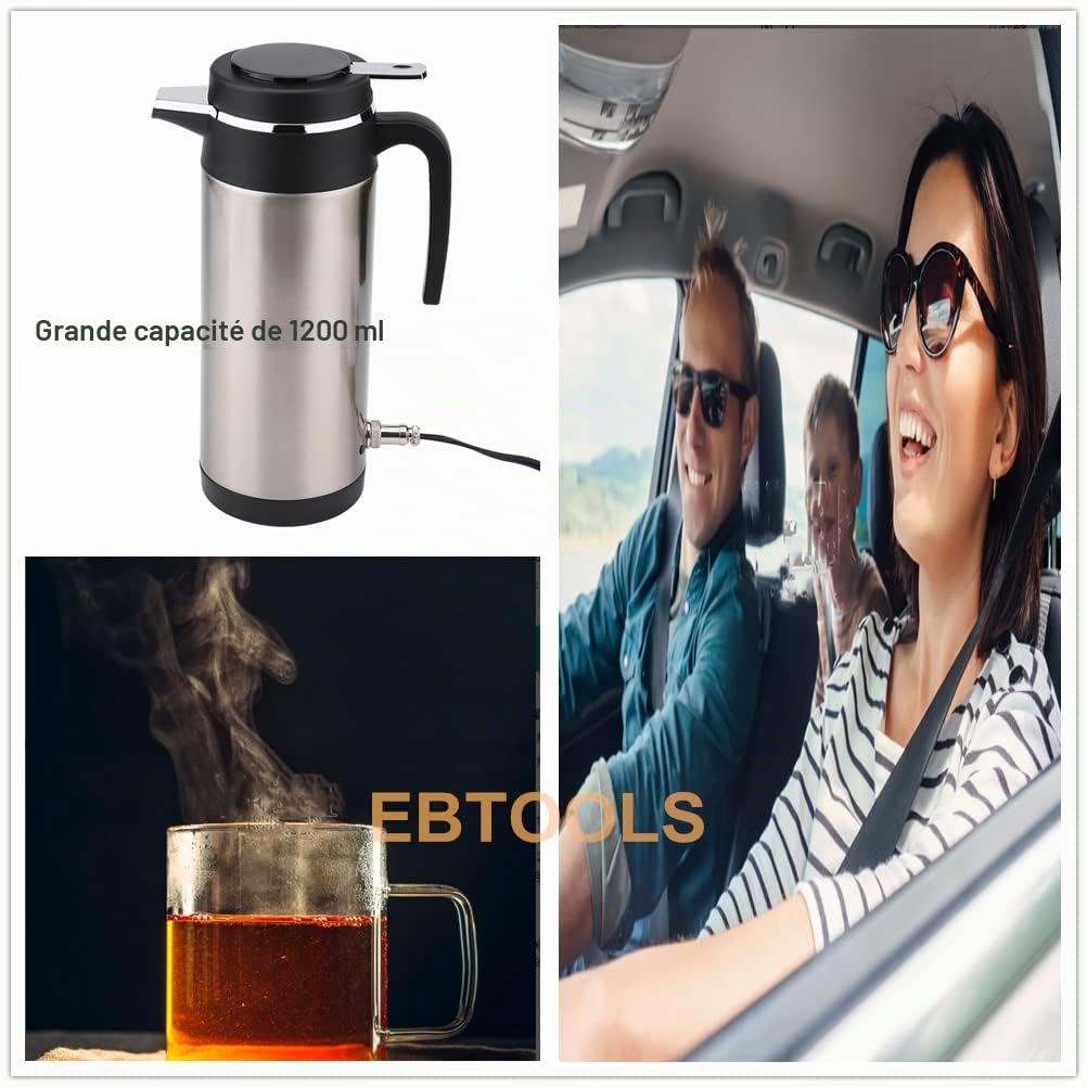 EBTOOLS Bouilloire Électrique En Acier Inoxydable Électrique KettleTravel Thermoses Bouteille D'eau de Chauffage 1000ML 12V