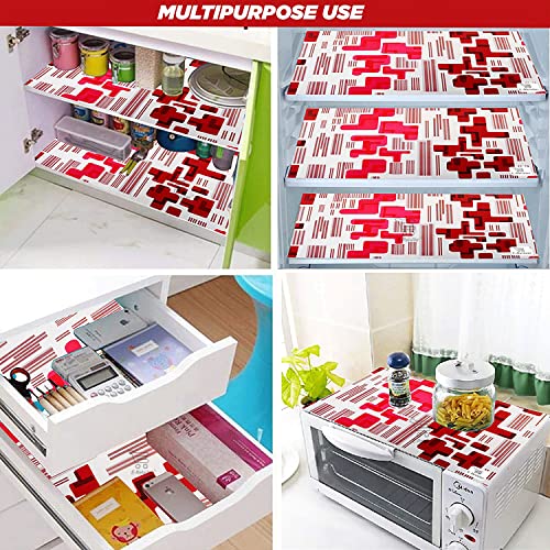 Image of Polyester 3-Layered Fridge Top Cover /Refrigerator Cover with Utility Pockets and Set of 6 Pc Fridge Mats (Color- Red, Size-39x21 Inch)