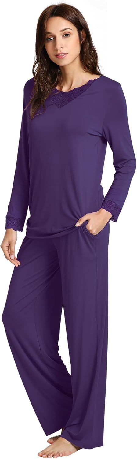 WiWi Bamboo Viscose Pajamas Sets for Women Lace Trim Long Sleeve Sleepwear Lounge Sets Plus Size Pjs with pockets S-4X - Image 4