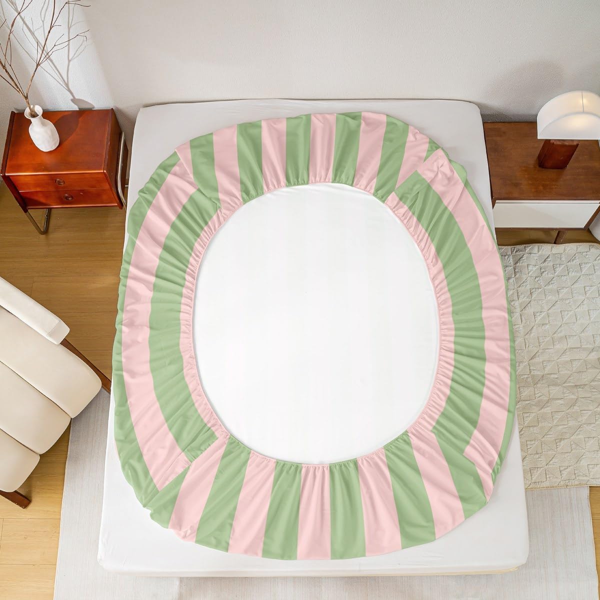 Kids Pink Green Bedding Full Size Abstract Fitted Sheet with 2 Pillowcases for Boys Girls Teens Bedroom Decor Stripes Bed Sheets Set 16" Deep Pocket Breathable Soft Microfiber Women Men Geometric