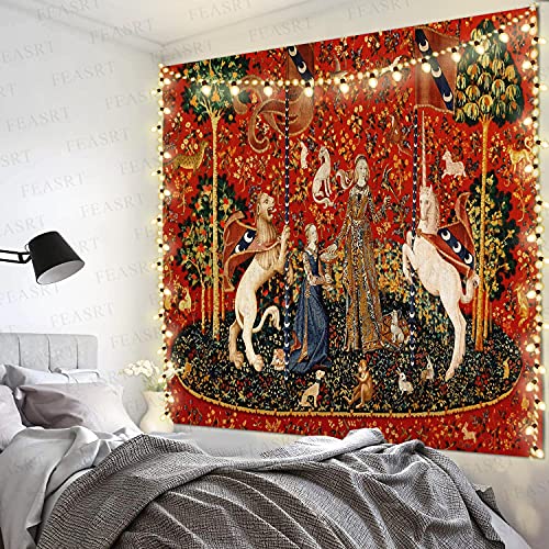 Feasrt European Royal Tapestry Unicorn With Lion Tapestry Maiden And Unicorn Tapestry Lady Tapestry, Large 100X90 Inches Soft Flannelette, For Bedroom Living Room Dorm Gtay14 #TOP6