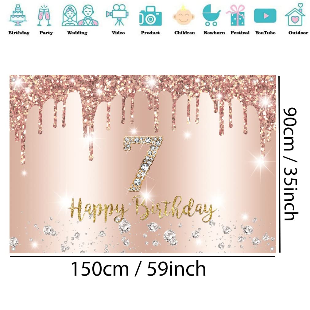 Happy 7th Birthday Decorations for Girls Happy 7 Years Old Fabric Sign Poster Backdrop Banner Rosegold Photography Background 7th Birthday Party Supplies - Image 3