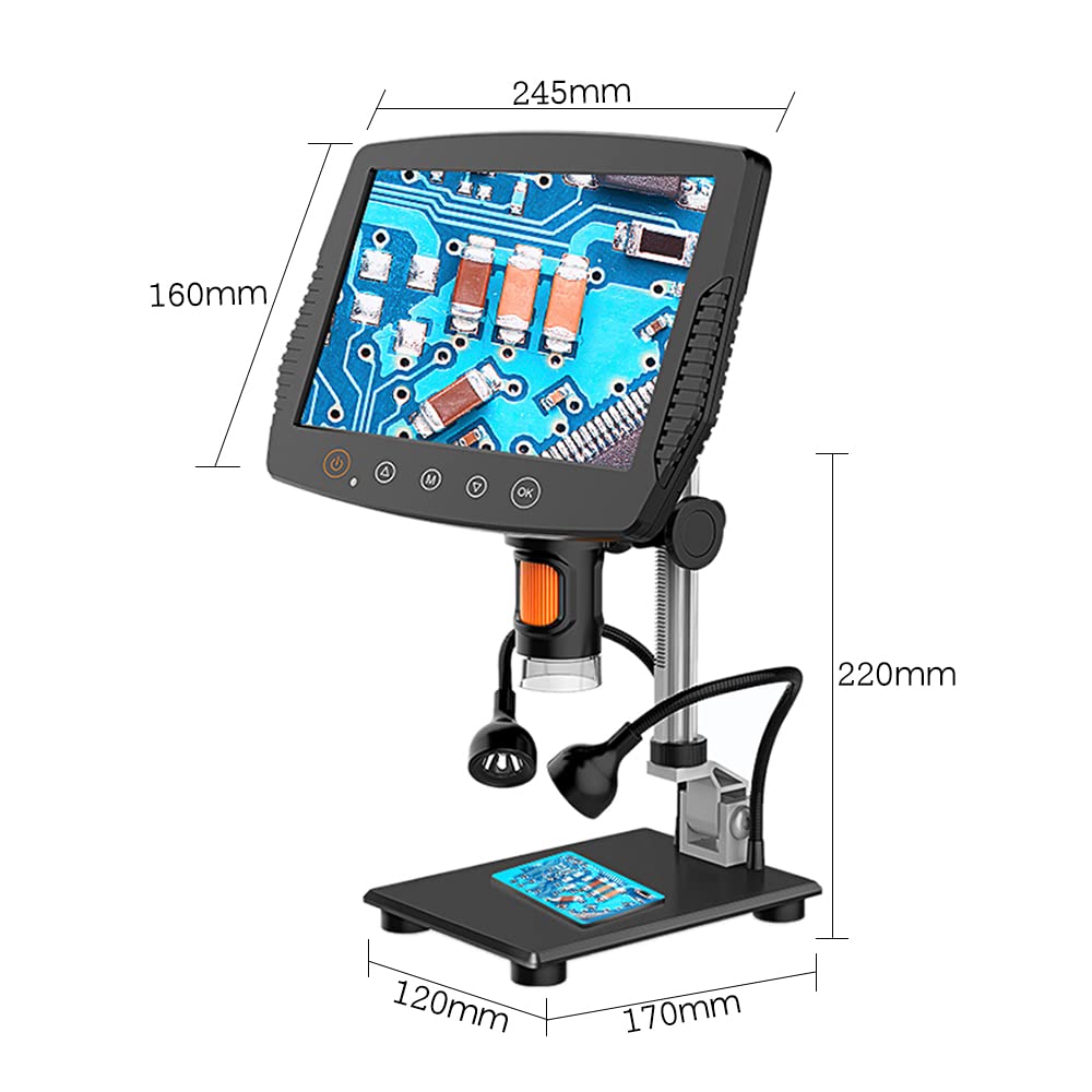 Walmeck Videomikroskop, LCD-Bildschirm, 9 Zoll, 1080P, Digitales Mikroskop mit 1000-fachem Zoom, Verstellbares Rad, LED-Leichtmetall-Ständer für Elektronikreparatur, Industrielle