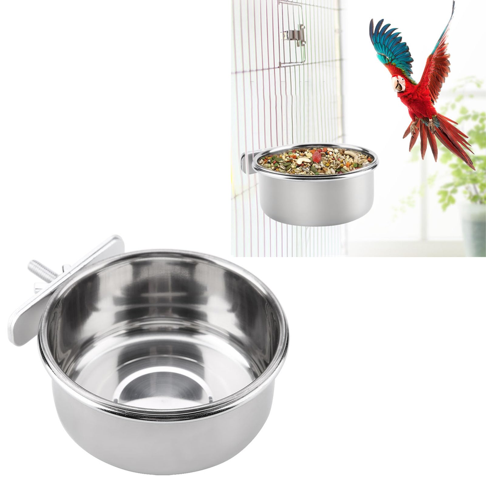 Appendere cibo regolabile acqua cibo ciotola di alimentazione in acciaio inox pappagallo parrocchetto alimentatore gabbia per uccelli accessorio bere tazza(M)