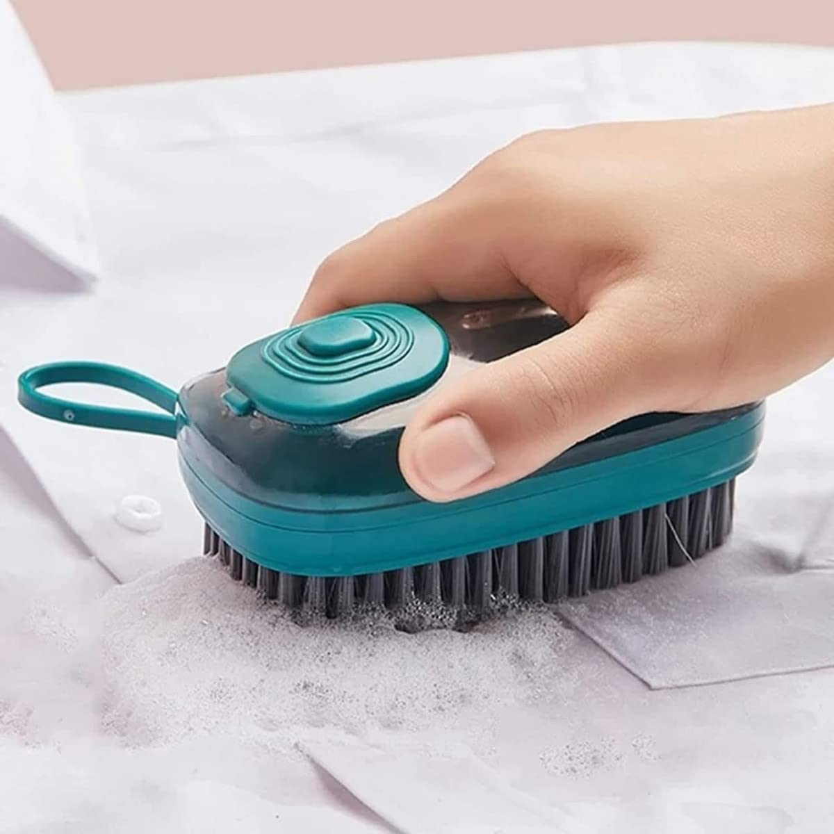 RAVIRANDAL 3 in 1 Multifunctional Washing Brush - Silicone & PBT Material - White - Automatic Liquid Adding - Soft Hair Laundry & Dishwashing Brush - Includes PBT Bristles, Sponge & Emery Brush Heads