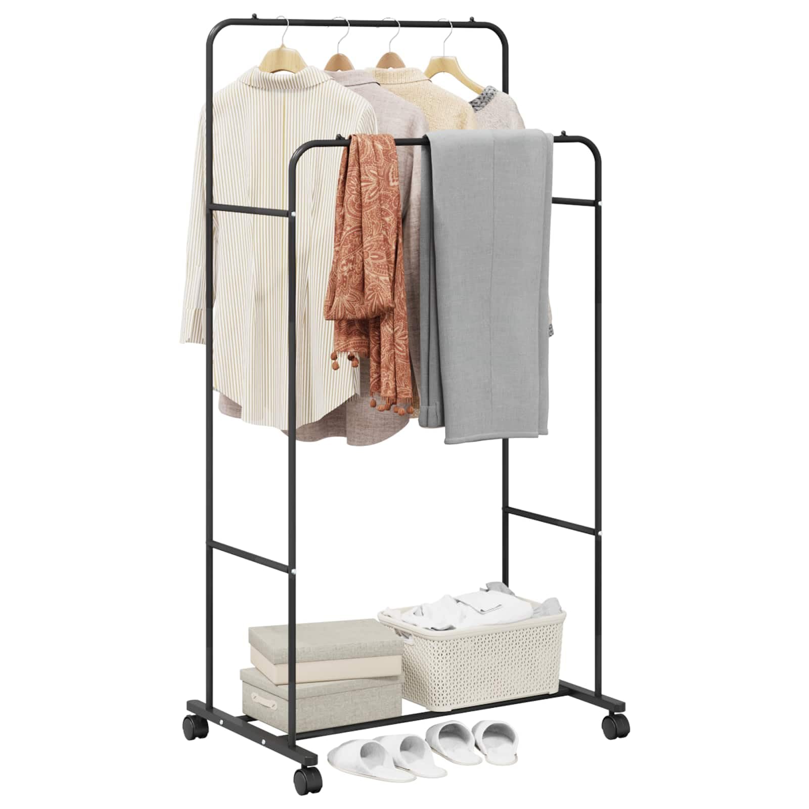 Kleiderständer Kleiderstange Garderobenständer Metall freistehend Schwarz 80 x 53 x 156 cm stabil platzsparend für Schlafzimmer Flur Wohnzimmer mit Rollen tragbar vielseitig