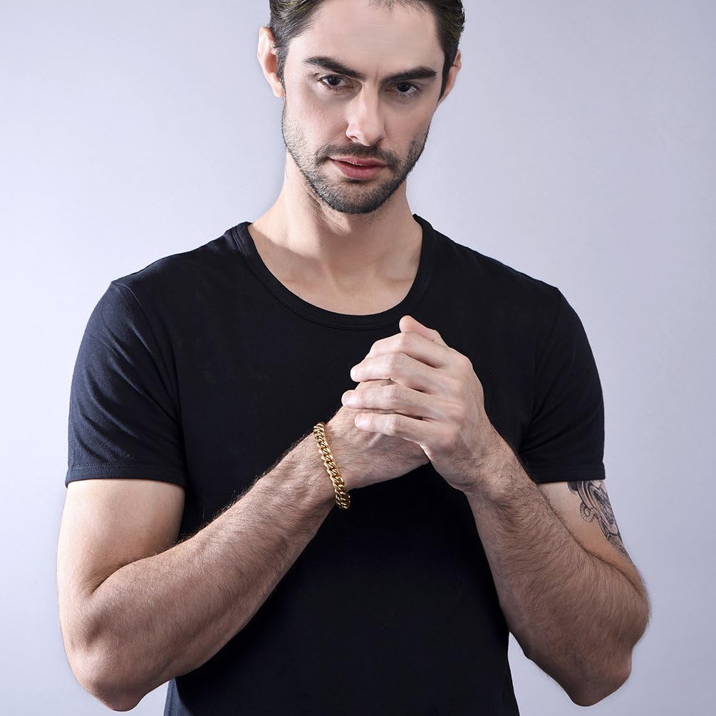 Miniatura 7 de PROSTEEL Pulsera de acero inoxidable para hombres y mujeres, elegantes pulseras de eslabones cubanos, chapado en oro negro de 18 quilates, ancho