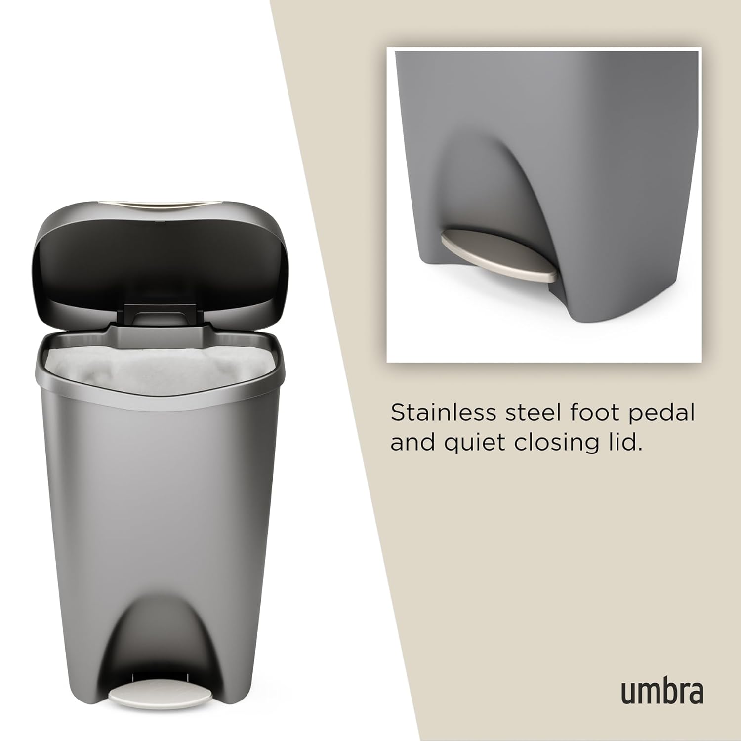 Umbra Trash Can, Large Capacity, Trash Can, Dust Box, Brimcan, 11.8 gal (50 L), Nickel