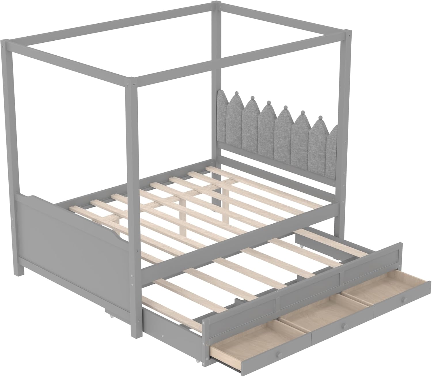 Bellemave Princess Canopy Bed Frame with Linen Upholstered Headboard, Full Platform Bed Frame with Trundle Bed, 3 Storage Drawers and 4 Post, Curtain Not Included(Full Gray)