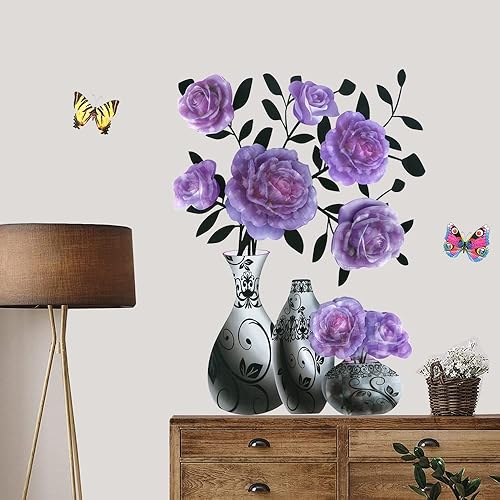 Miniatura 3 de Supzone Calcomanías de pared de flores estéreos en 3D para florero  Calcomanía floral de superposición morada  Arte impermeable extraíble para