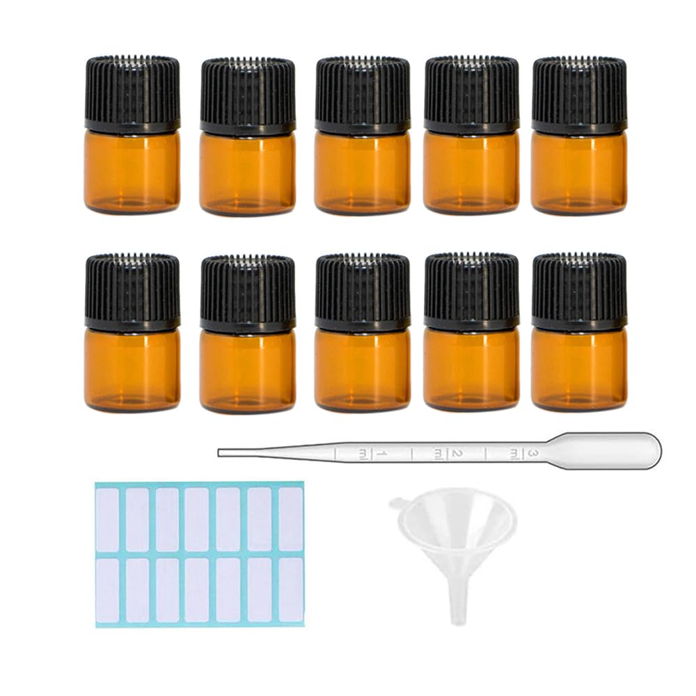 SKYPRO 1ml Mini Amber Glass Bottles with No-Hole Plugs and Cap for Essential Oils, Chemistry Lab Chemicals, Colognes & Perfumes(10Packs)