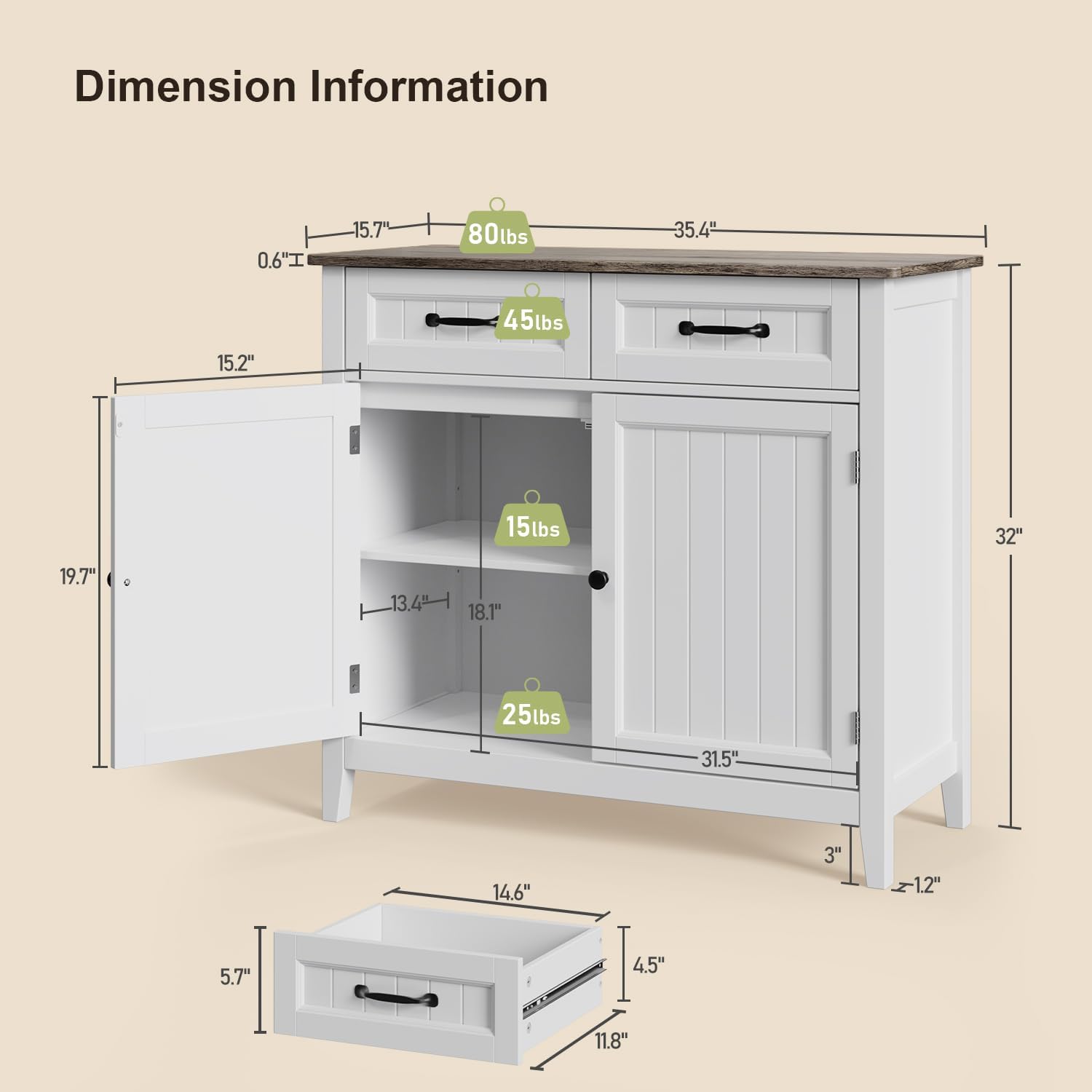 Dimension information for the Gizoon Kitchen Sideboard Buffet Cabinet