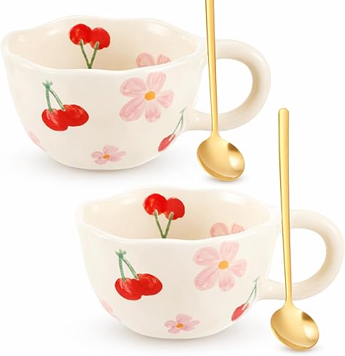 Miniatura 10 de Vesici 2 piezas tazas de café de cerámica con cuchara, tazas florales vintage con asa, 8.5 onzas, taza de té de porcelana estética, regalo para San